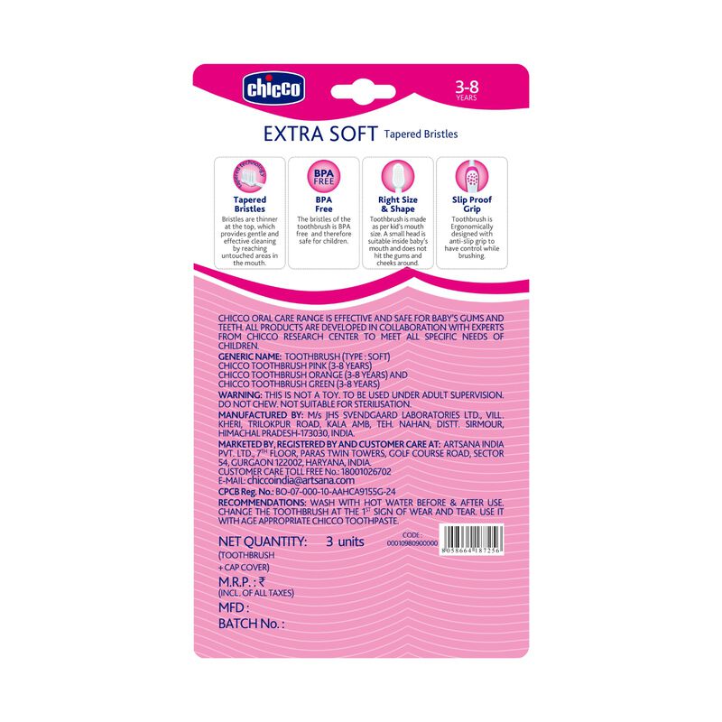 Toothbrush 3Y-8Y 3 Pack- Pink, Orange & Green image number 2